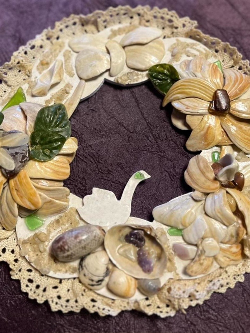 Coastal Seashell Wreath ~ Handcrafted~With Flower Shaped Shell Arrangements&Swan